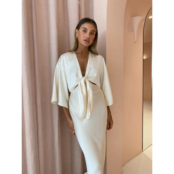 Shona Joy La Lune Tie Front Bias Midi Dress Cream - Picture 2 of 14